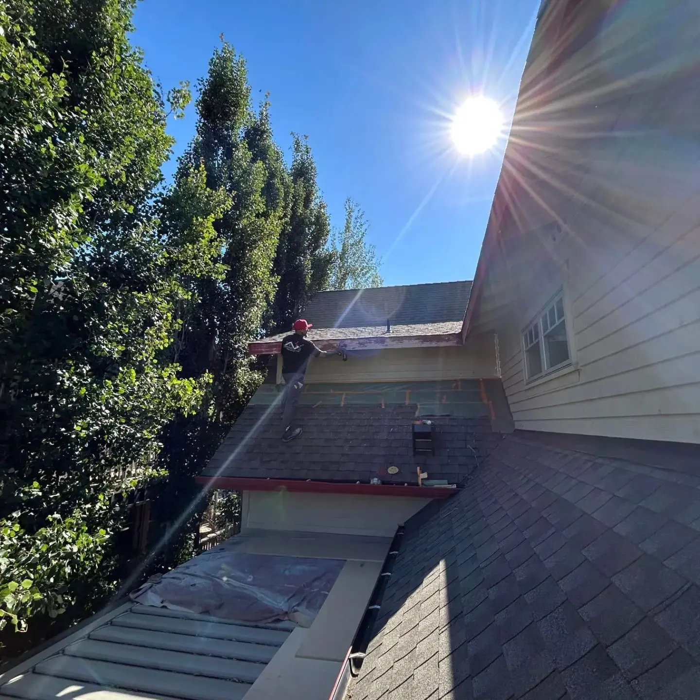 Skilled painter performing high-altitude fascia repair and painting on a steep roofline.