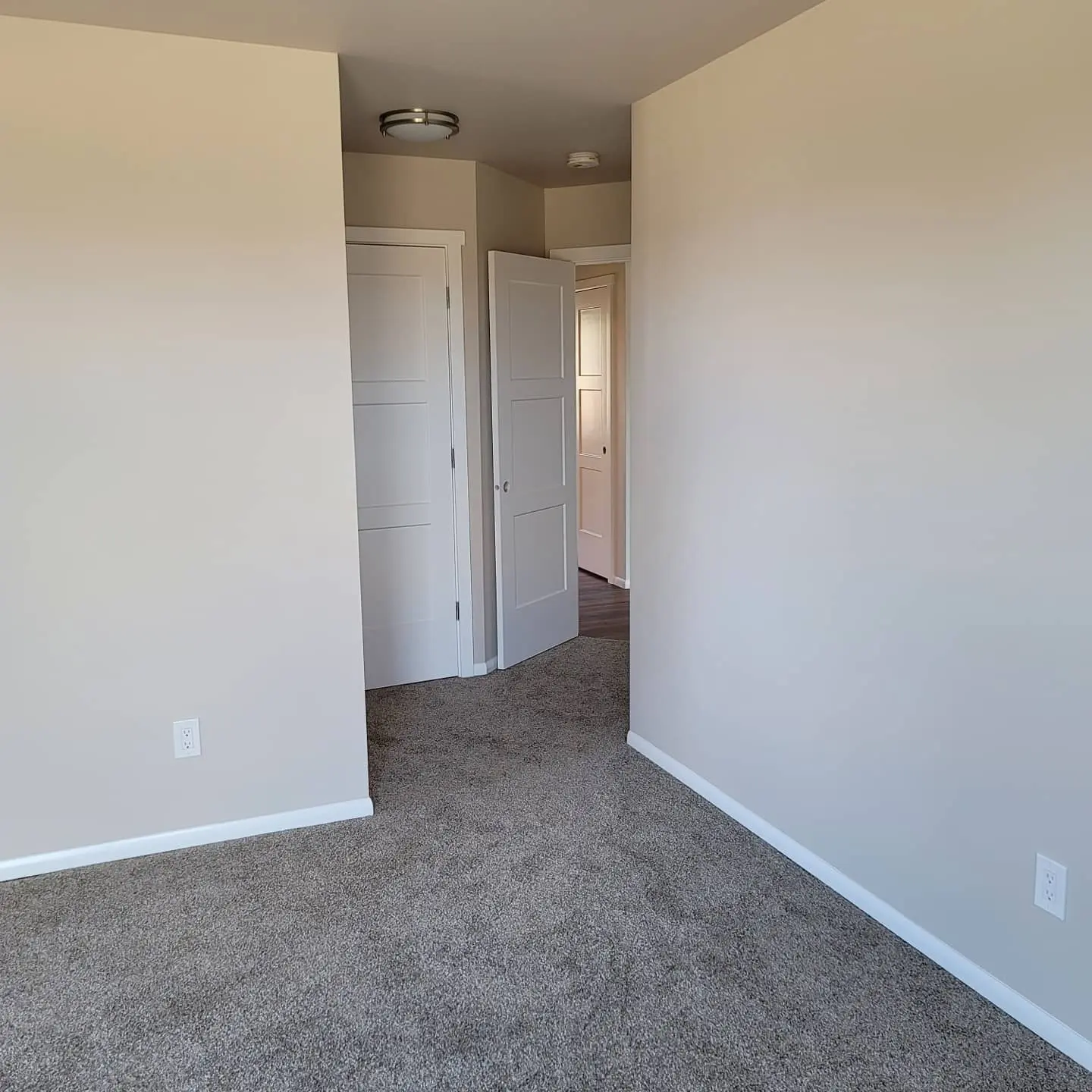 View of a bedroom transition area featuring fresh paint and new grey carpeting